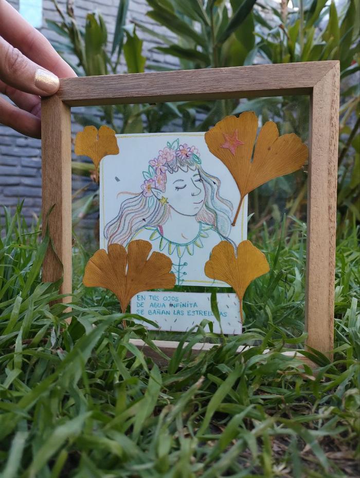 Ilustración a lápiz multicolor, con hojas de Ginkgo Biloba reales prensadas, más micro poesía , enmarcado con doble vidrio.